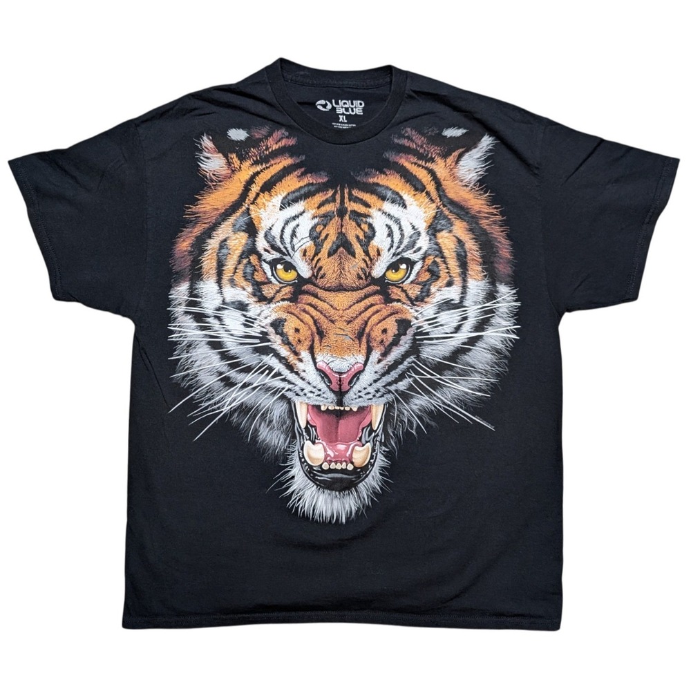 Liquid Blue Extra Large Tiger Face Black Short Sleeve Graphic Tee Shirt